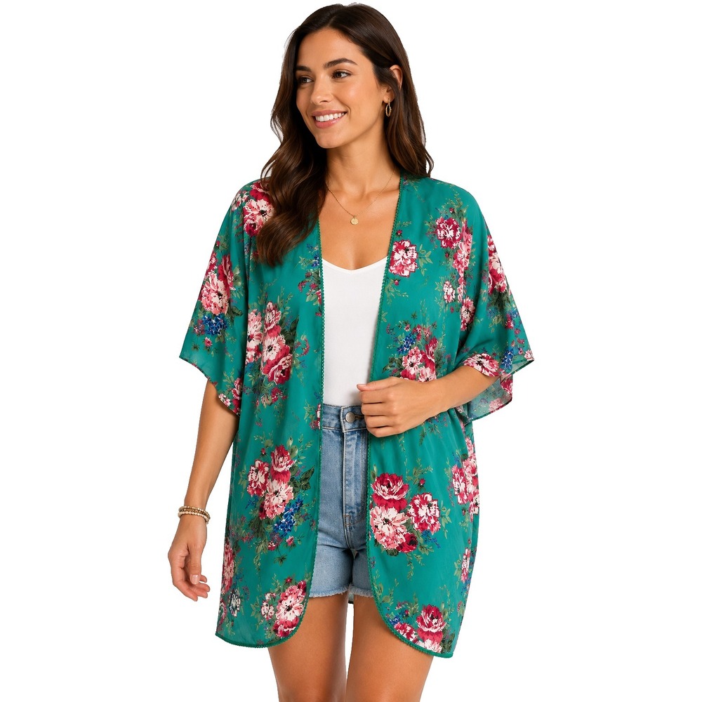 Umgee Kimono Womens Sz S M Green Multicolored Floral Open Front Cover Up 1448H5